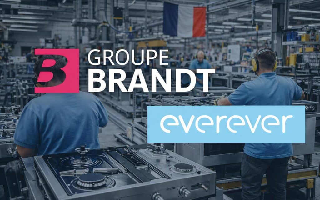 Projet de reprise de Brandt par EverEver illustré par les logos des deux entreprises sur un site de production en France