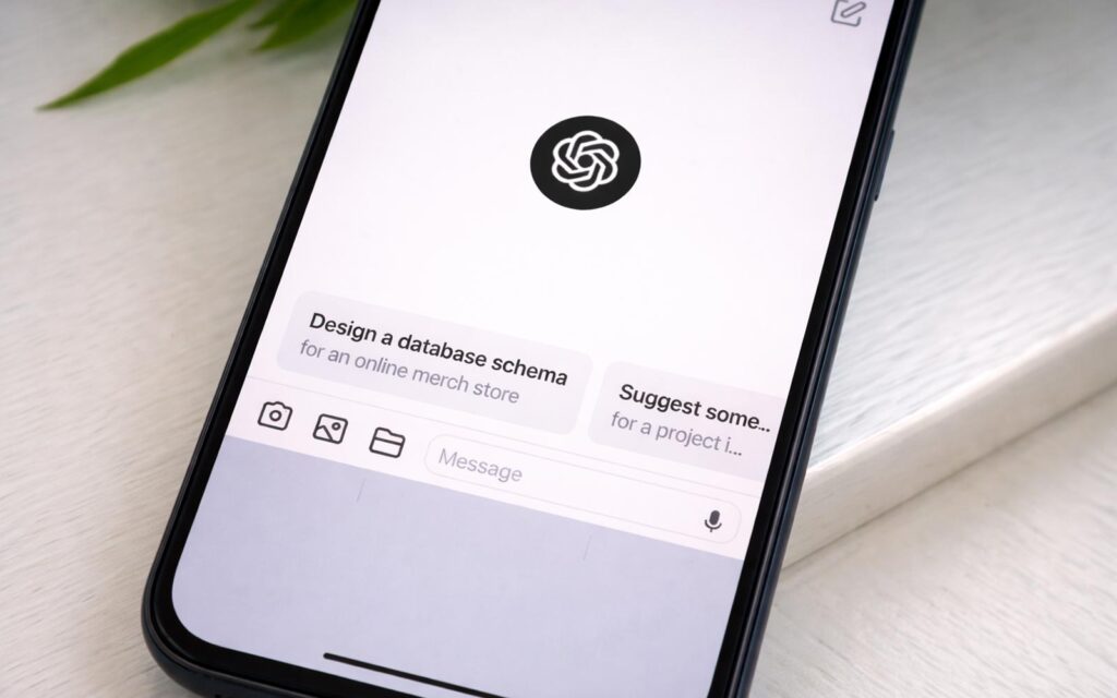 Smartphone affichant l’interface de ChatGPT, illustrant l’usage de l’IA pour piloter et optimiser le chauffage domestique