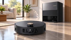 Dreame Aqua10 Roller avec sa station dans un salon