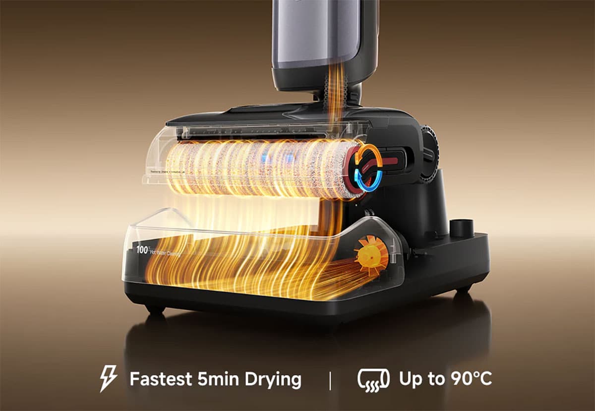 Aspirateur laveur Dreame H16 Pro Steam posé sur sa base, en cours de nettoyage automatique du rouleau.