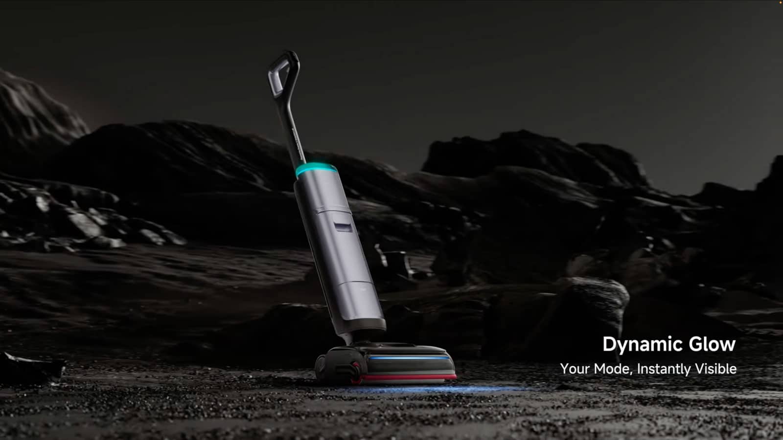 Dreame H16 Pro Steam en action en train de laver un sol dur, avec le rouleau humide qui récupère saletés et liquides en un seul passage.