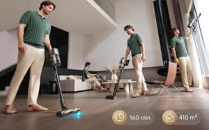 Autonomie du Dreame Z40 Station avec ses deux batteries pour jusqu’à 160 minutes de nettoyage en mode Éco