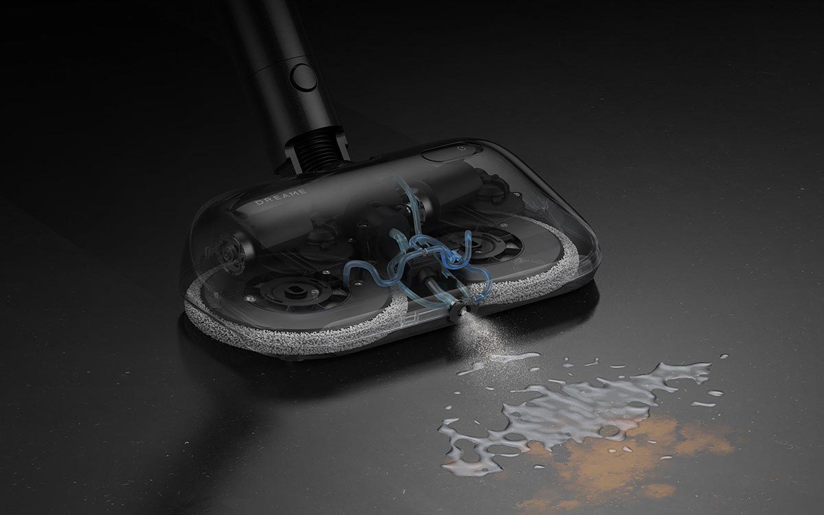 Brosse de lavage rotative du Dreame Z40 Station avec pulvérisation d’eau pour frotter les taches au sol