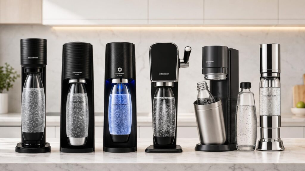 Machines SodaStream Gaia, Terra, E-Terra, Art, Duo et Enso alignées sur un plan de travail
