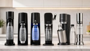 Machines SodaStream Gaia, Terra, E-Terra, Art, Duo et Enso alignées sur un plan de travail