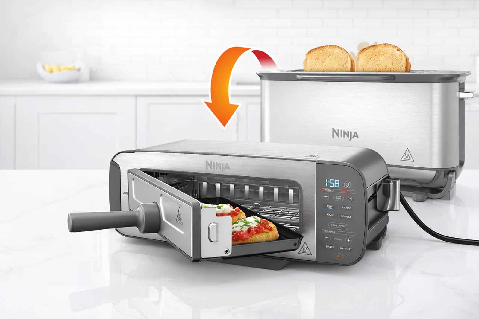 Grille-pain Ninja Foodi 3‑en‑1 montrant ses fonctions grille-pain, four et presse à panini.