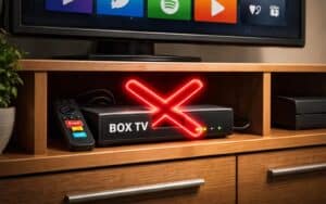 Box TV d’opérateur barrée d’une croix dans un meuble TV, symbole de la fin de la location forcée