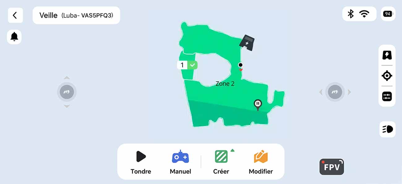 Interface de l'application Mammotion affichant la cartographie complète du jardin, les zones d'exclusion et les réglages du robot tondeuse Luba 3 AWD.