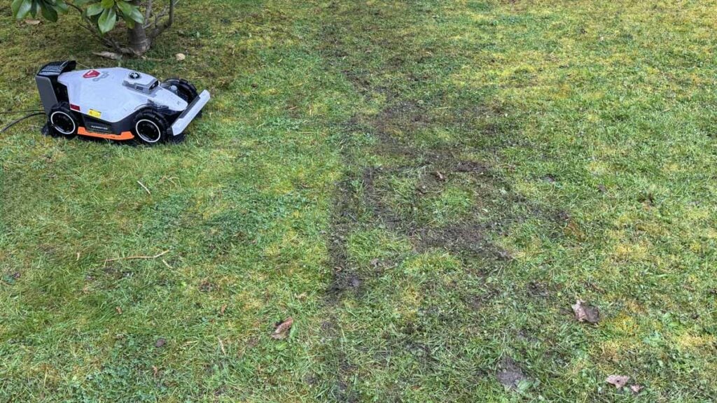Traces de dérapage et terre arrachée sur le gazon suite aux manœuvres du robot tondeuse Mammotion Luba 3 AWD aux roues encrassées.