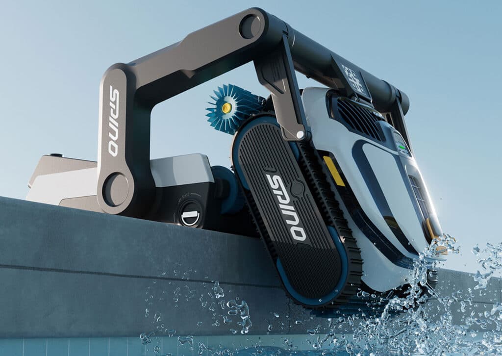 Robot nettoyeur de piscine Mammotion Spino S1 Pro en fonctionnement au fond d’un bassin, suivant les parois pendant que la surface de l’eau reste calme.