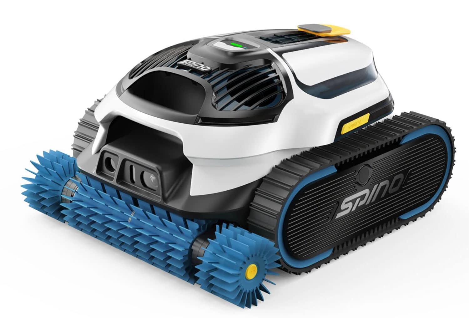Robot nettoyeur de piscine Mammotion Spino S1 Pro posé au bord d’un bassin, avec ses chenilles et ses brosses visibles sur la face avant.