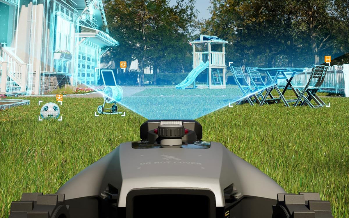 Robot tondeuse Mammotion Yuka Mini 2 détectant et identifiant les obstacles sur la pelouse