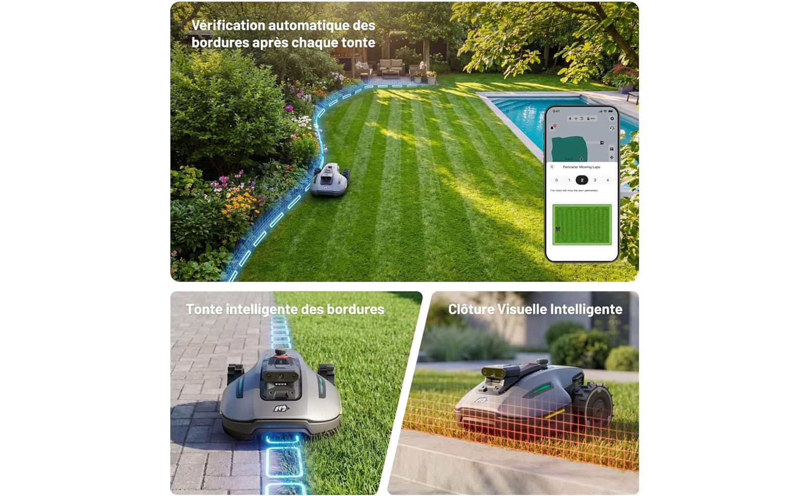 Schéma de navigation intelligente du robot tondeuse Yuka Mini 2 sur différentes zones de pelouse