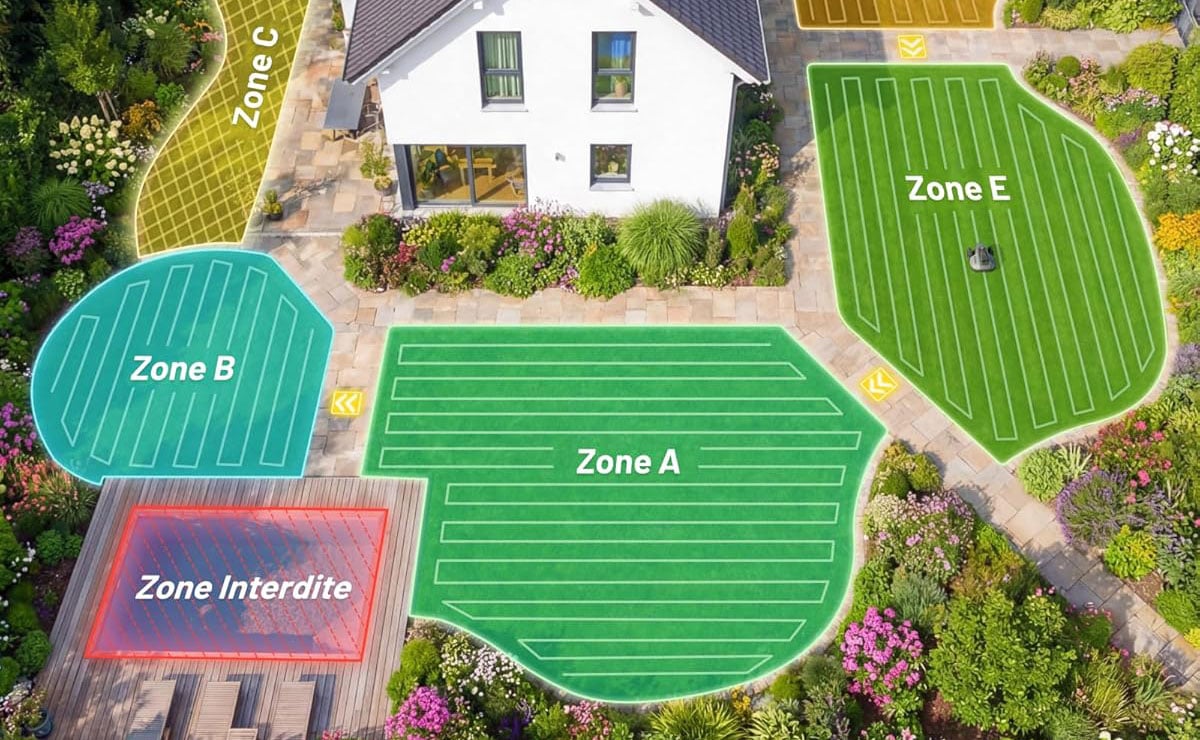 Application du Yuka Mini 2 affichant la création de zones de tonte et de zones interdites sur le plan du jardin
