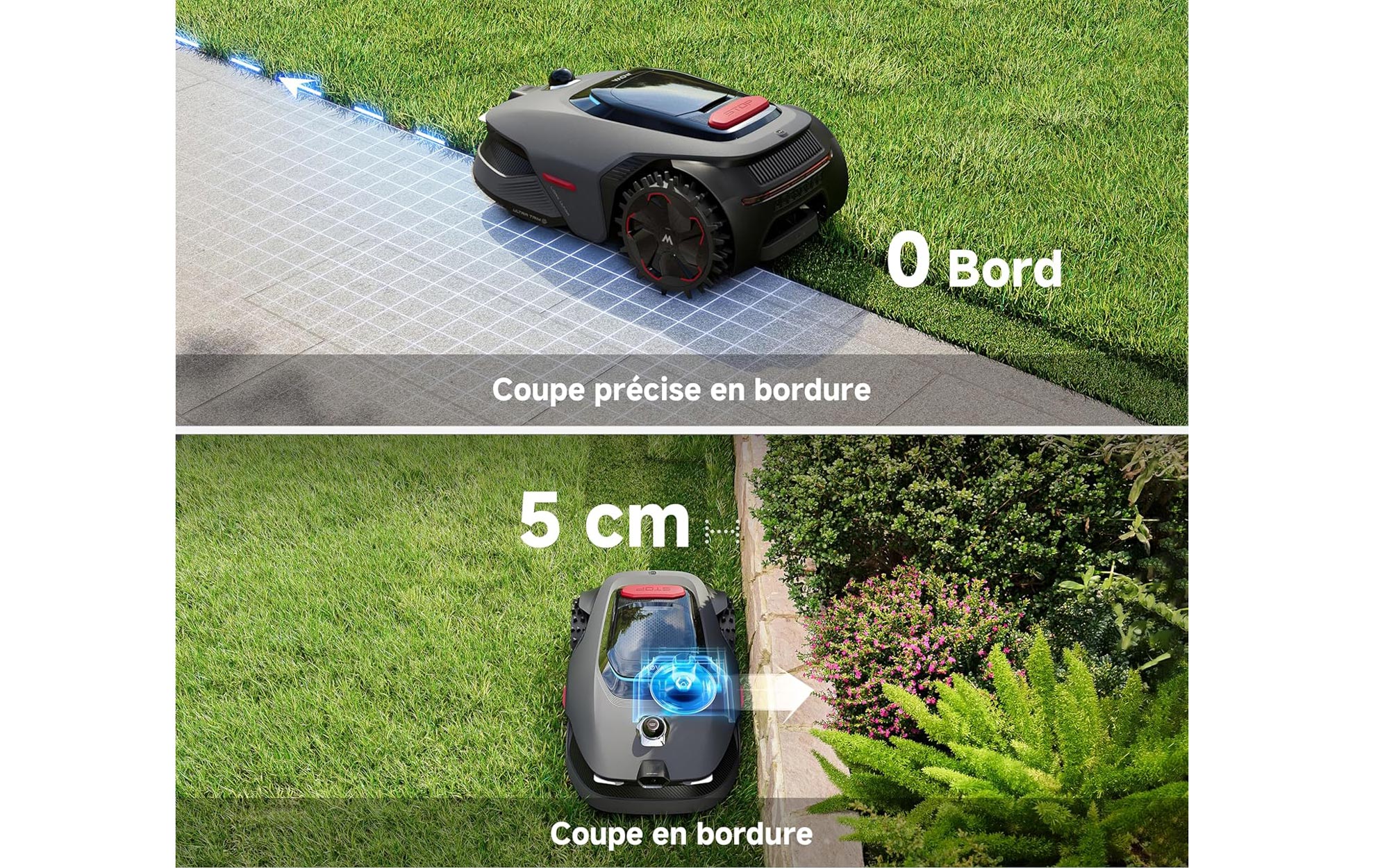 Robot tondeuse Mova LiDAX Ultra coupant l'herbe au plus près d'un mur ou d'une bordure, laissant une bande tondue minimale.