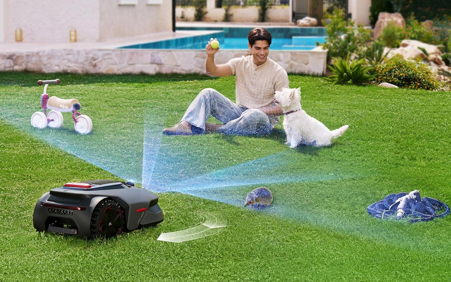Robot tondeuse Mova LiDAX Ultra évitant un obstacle comme un animal domestique (chien ou chat), un jouet ou une personne, illustrant la détection d'obstacles