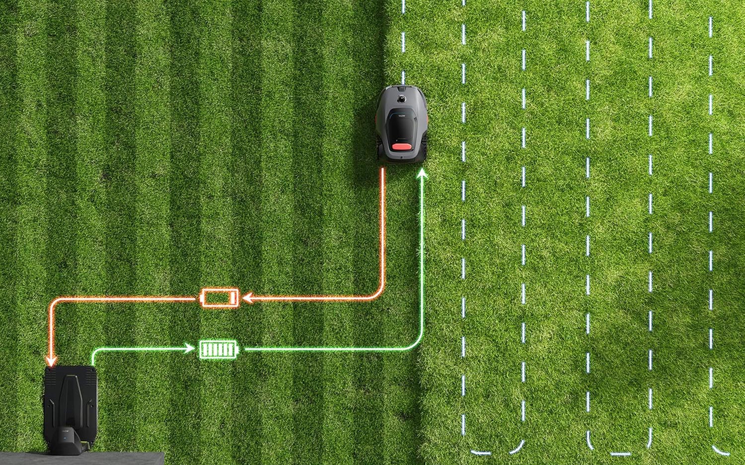 Robot tondeuse Mova LiDAX Ultra se dirigeant de manière autonome vers sa station de charge pour recharger sa batterie, avec un indicateur de batterie faible.