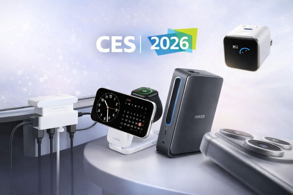 Les quatre nouveaux produits Anker présentés au CES 2026 : chargeur Nano 45W, station d’accueil Docking Station, support sans fil Prime Qi2 et multiprise Nano Power Strip