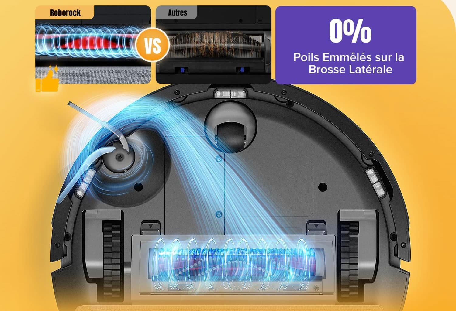 Double système anti-enchevêtrement des Roborock Q7 M5 et Q7 L5 conçu pour limiter les blocages dus aux cheveux et poils