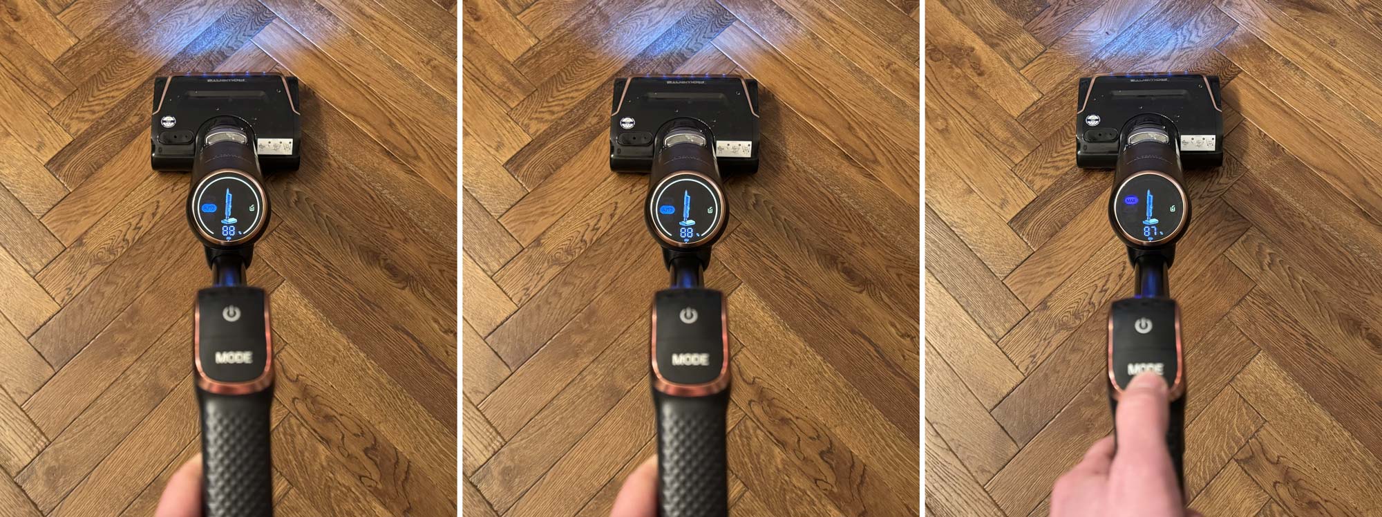 Interface du Rowenta X-Clean 7 affichant les modes Eco Auto et Max