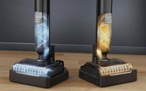 Station d'accueil du Rowenta X-Clean 7 assurant l'auto-nettoyage et le séchage à l'air chaud.