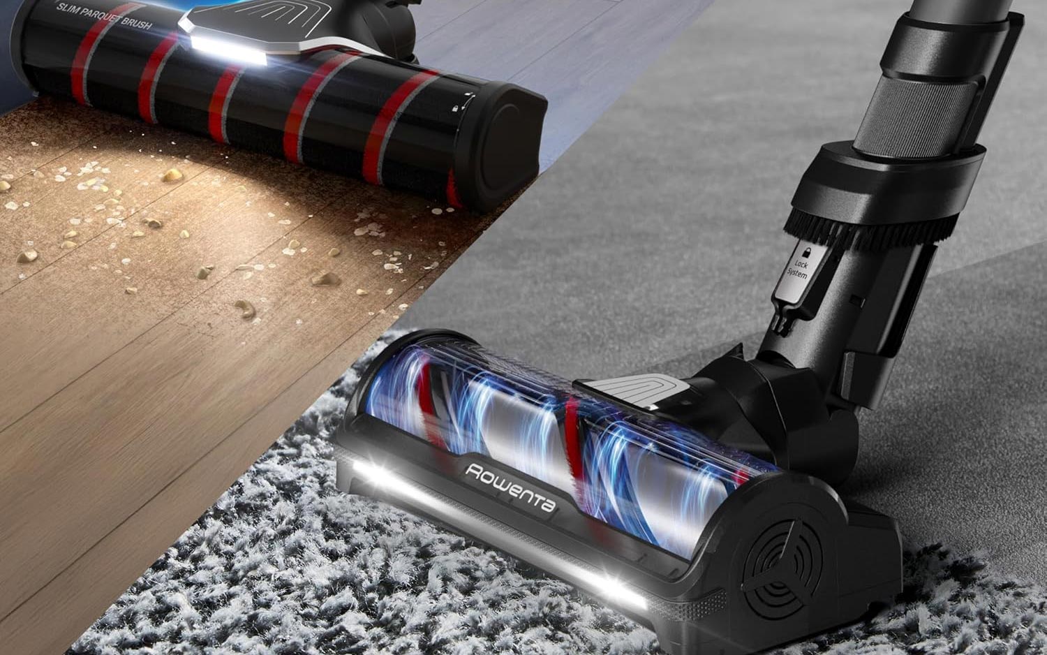 Le Rowenta X-Force Flex 12.60 Neo vendu avec deux brosses d'aspiration motorisées