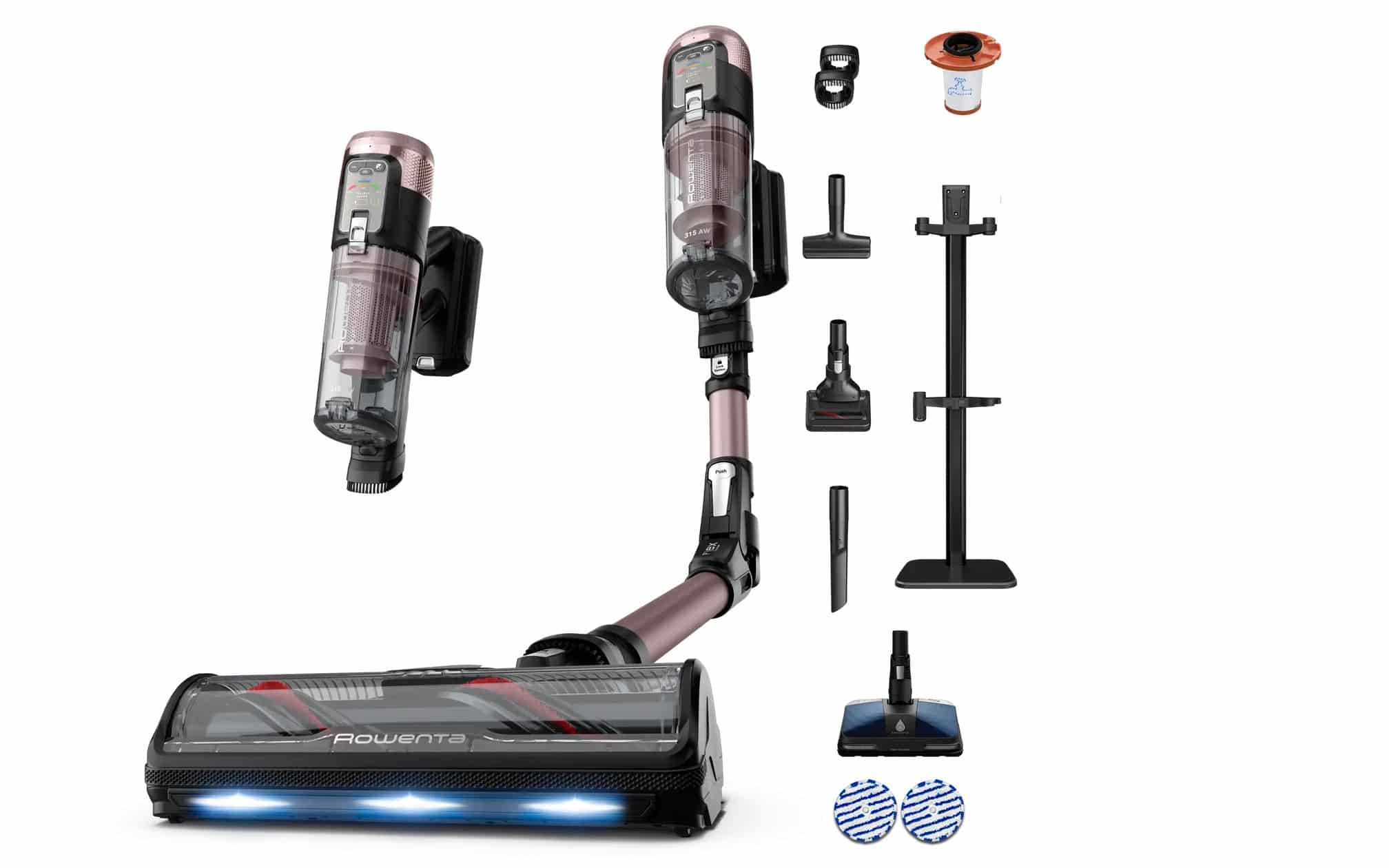 Vue d'ensemble des accessoires inclus avec le Rowenta X-Force Flex 16.60 : suceurs, brossettes, mini-électrobrosse motorisée et serpillières.
