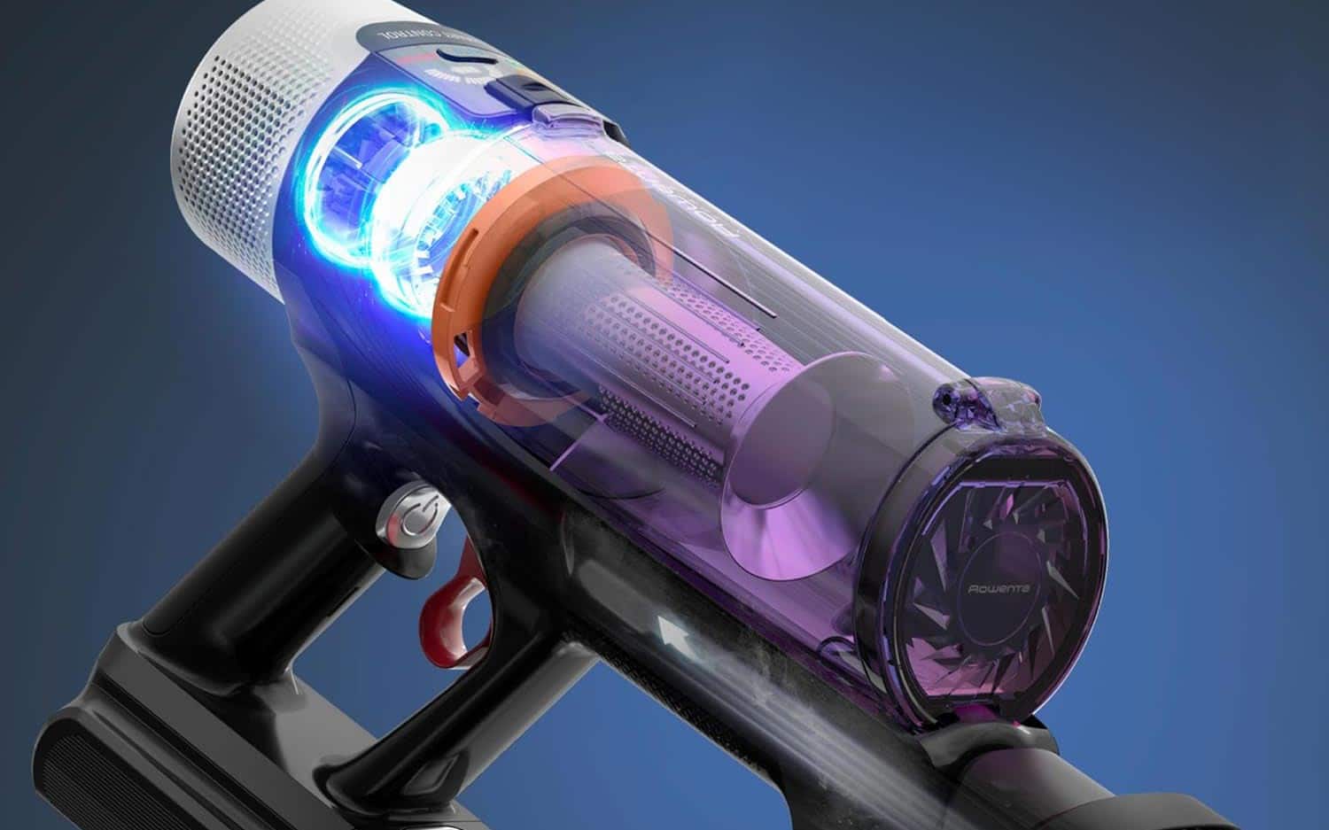Aspirateur balai Rowenta X-Force Flex 9.60 en action illustrant sa puissance d’aspiration de 100 Air Watts