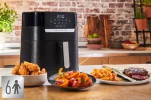 Moulinex Easy Fry & Grill 2‑en‑1 en promo à 59,99 €, avec panier de frites et plaque gril visibles sur un plan de travail