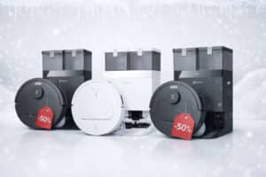Trois aspirateurs robots Ecovacs Deebot T30C Omni, T50 Omni Gen 2 et T50 Pro Omni Gen 2 en promotion pour les soldes d’hiver, avec station OMNI