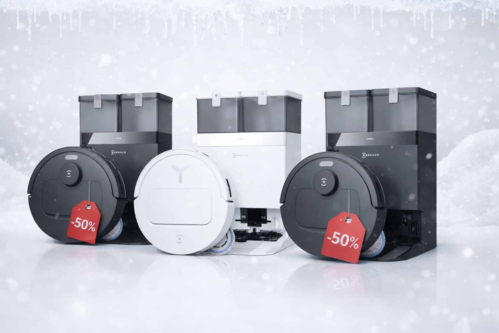Trois aspirateurs robots Ecovacs Deebot T30C Omni, T50 Omni Gen 2 et T50 Pro Omni Gen 2 en promotion pour les soldes d’hiver, avec station OMNI