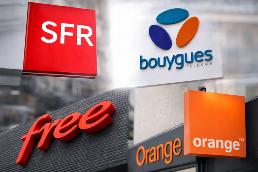 Logos de Bouygues Telecom, Orange, Free et SFR illustrant les négociations de rachat de l’opérateur SFR par les trois concurrents