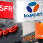 Logos de Bouygues Telecom, Orange, Free et SFR illustrant les nĆ©gociations de rachat de lāopĆ©rateur SFR par les trois concurrents