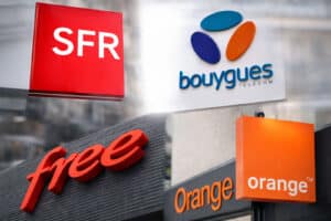 Logos de Bouygues Telecom, Orange, Free et SFR illustrant les négociations de rachat de l’opérateur SFR par les trois concurrents