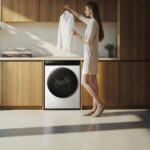 Vue d’ensemble du lave-linge séchant Xiaomi Mijia Front Load Washer Dryer Pro 9 kg en coloris blanc.