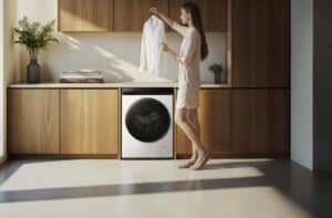 Vue d’ensemble du lave-linge séchant Xiaomi Mijia Front Load Washer Dryer Pro 9 kg en coloris blanc.