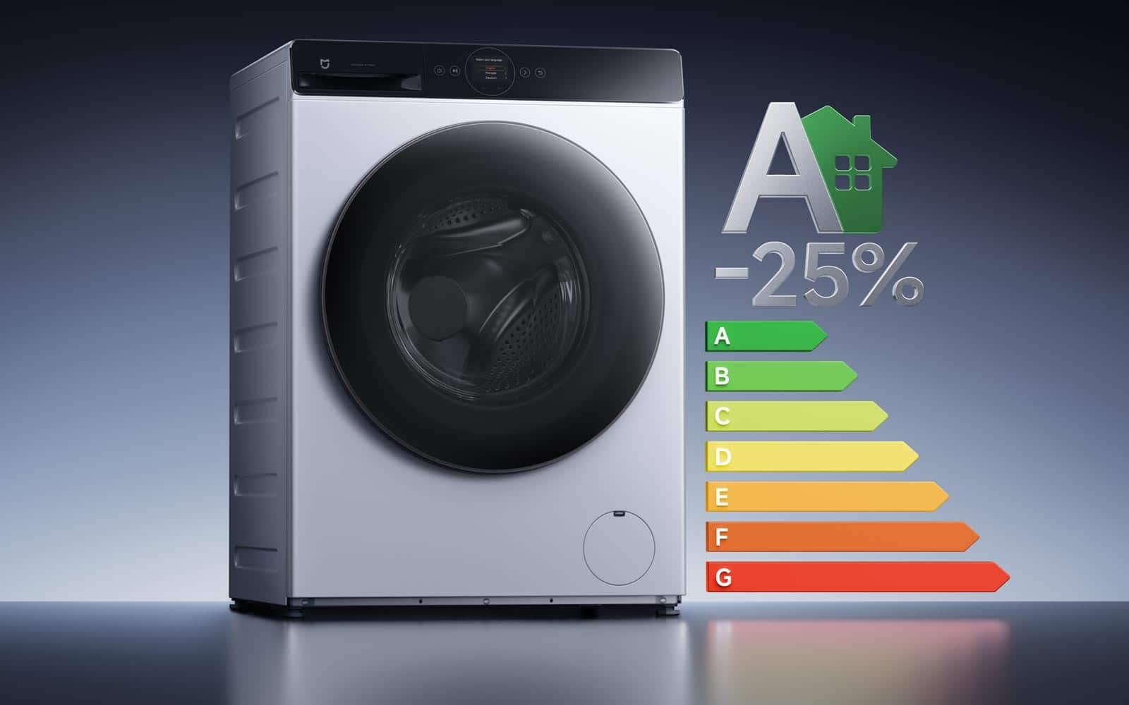 Lave-linge séchant Xiaomi Mijia Pro affichant une efficacité 25% supérieure au seuil de la classe énergétique A en lavage.