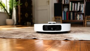 Aspirateur robot en train de nettoyer un tapis