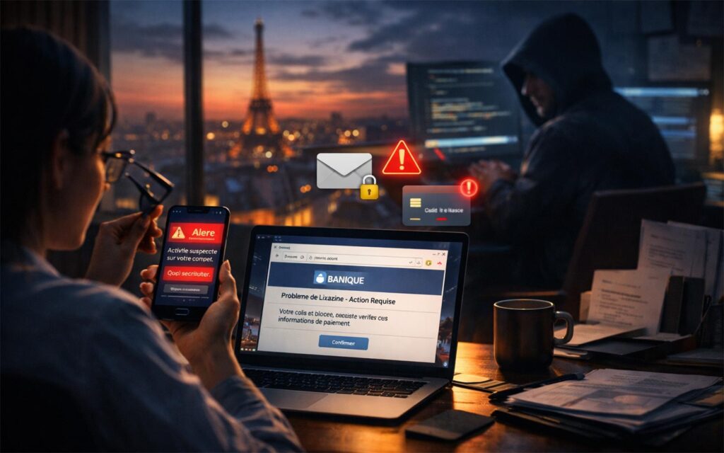 Une personne le soir regardant son ordinateur avec un mail d'un hacker, illustrant la vulnérabilité aux cyberattaques.
