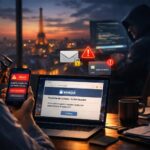 Une personne le soir regardant son ordinateur avec un mail d'un hacker, illustrant la vulnérabilité aux cyberattaques.