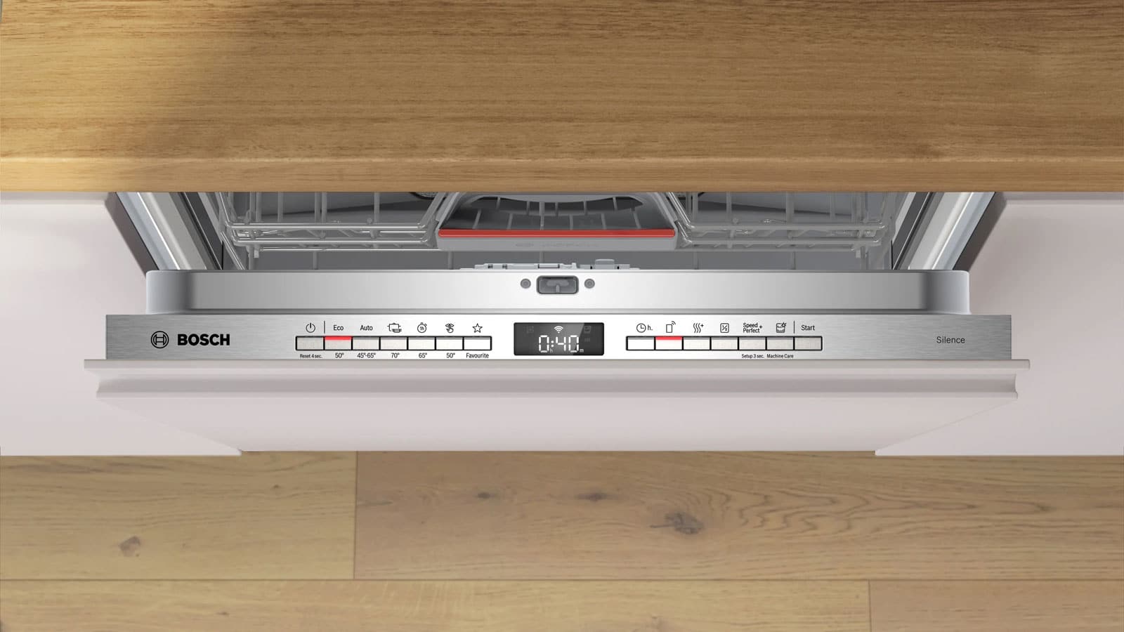 Lave-vaisselle Bosch SMV4HVX14E avec panneau de commande intégré sur la tranche de la porte, boutons et affichage visibles porte ouverte