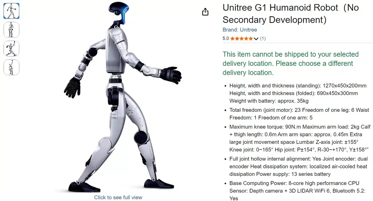 Le robot G1 d'Unitree mis en vente sur Amazon.com