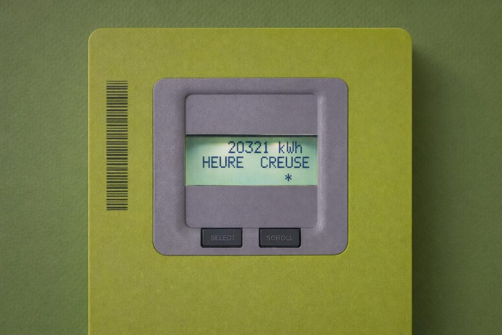 Gros plan sur un compteur électrique Linky communicant installé dans un foyer français