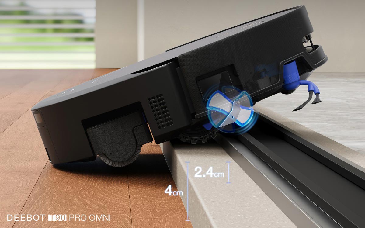 Le Ecovacs Deebot T90 Pro Omni franchit une barre de seuil grâce à son système TruePass, annoncé jusqu’à 4 cm