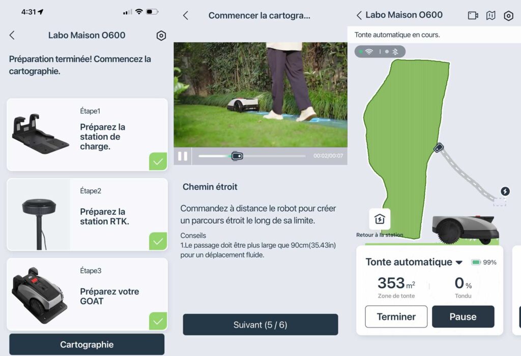 Interface de l’application mobile du robot tondeuse Ecovacs O600 RTK