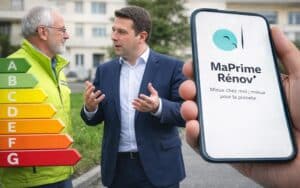 MaPrimeRénov’ affichée sur un smartphone, avec l’étiquette énergie et un échange avec un conseiller en arrière-plan.
