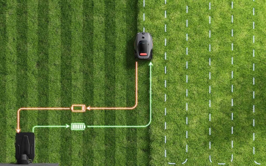 Retour automatique à la station de charge du robot tondeuse Mova LiDAX Ultra 1600 pour reprise de tonte après recharge