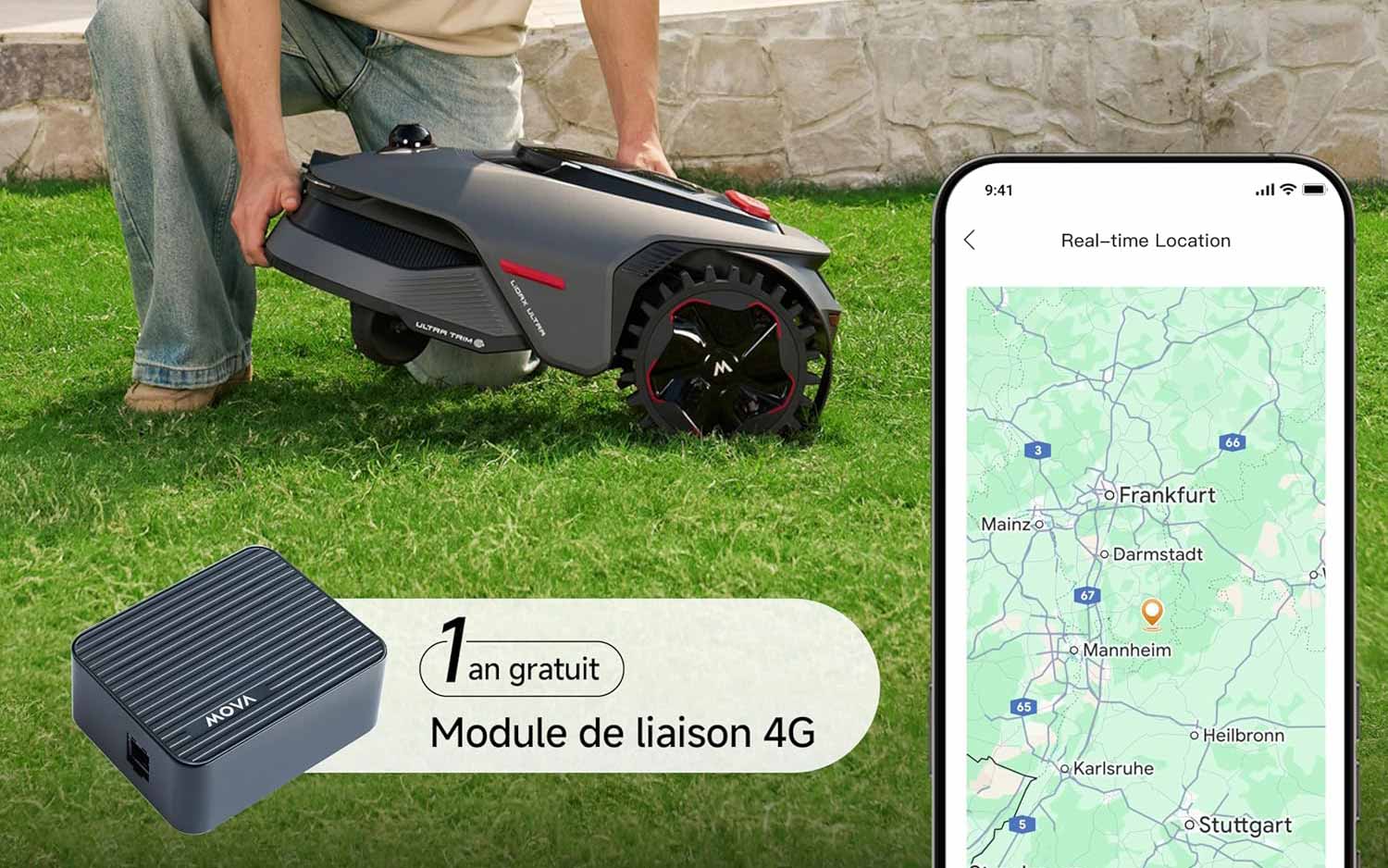 Module 4G intégré Link 4G du robot tondeuse Mova LiDAX Ultra 1600 pour contrôle à distance sans Wi-Fi