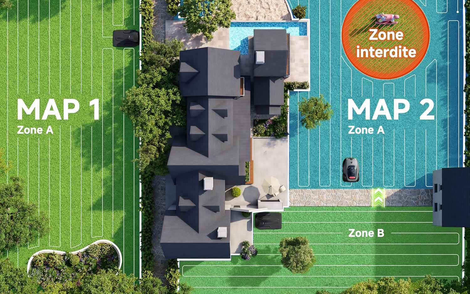 Gestion multi-zones du jardin par le robot tondeuse Mova LiDAX Ultra 1600 via l’application MOVAhome