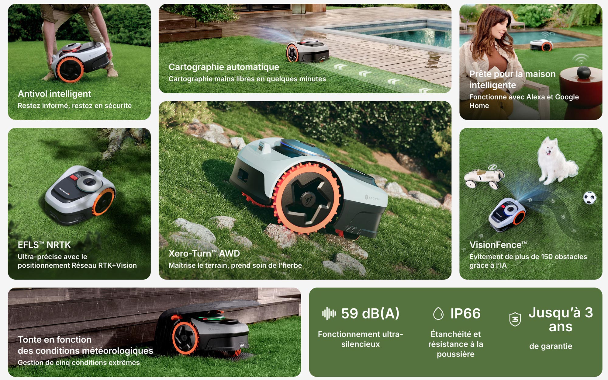 Les fonctionnalités du Segway Navimow i2 AWD : antivol, cartographie automatique, EFLS NRTK, VisionFence et résistance IP66.